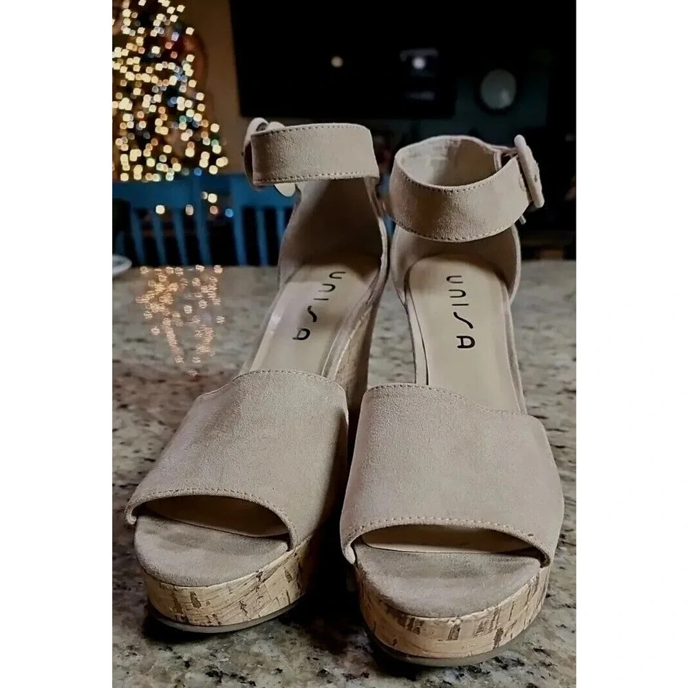 Unisa Cork Wedge‎ Heels Platform Sz 10 70s Womens Textile Open Toe Tan C31